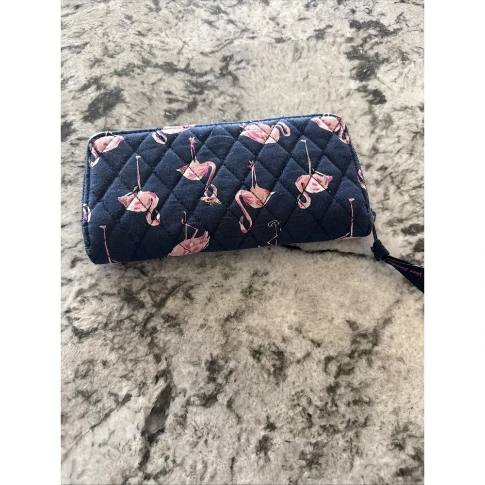 Vera Bradley Zip Around Wallet  Blue W/Pink  Minimalist Split Compartment